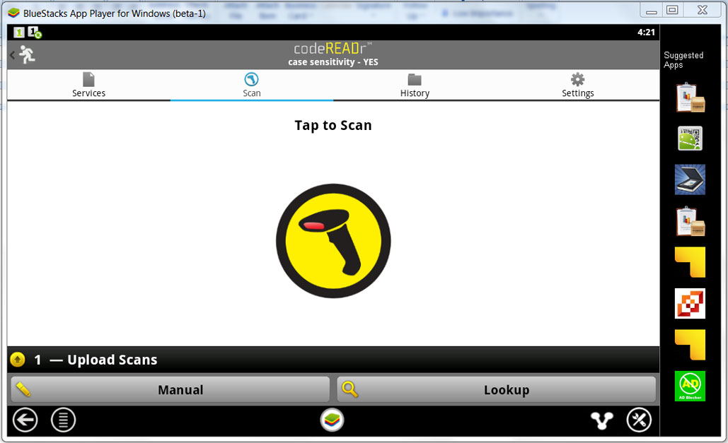 Barcode Scanner App codeREADr Upload Scan Screen