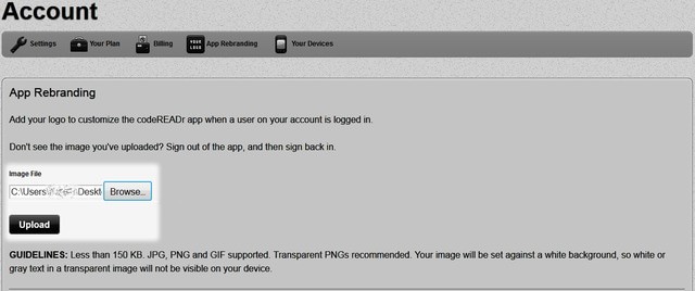Upload logo to rebrand browse for the image you want to upload