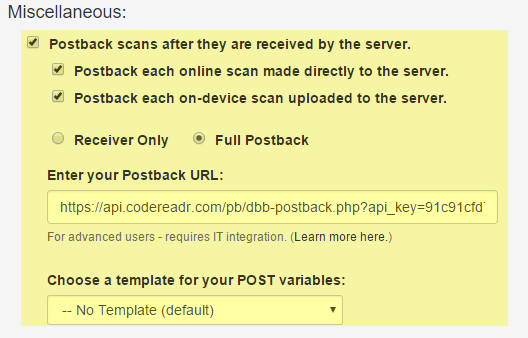 Postback Scans After they’re Received Enter post back URL