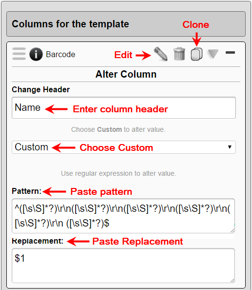 Regex columns for a template