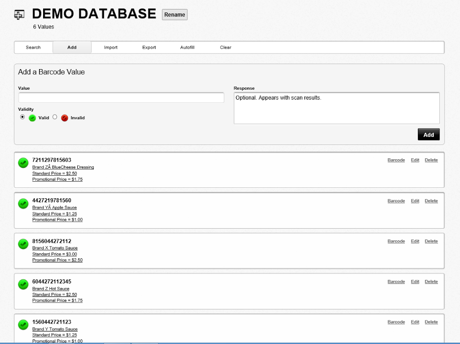 View database barcode values View database barcode values