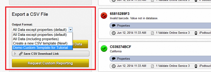 Select the output format for csv export