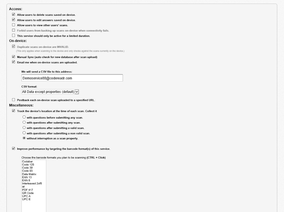 codeREADr advanced settings codeREADr advanced settings