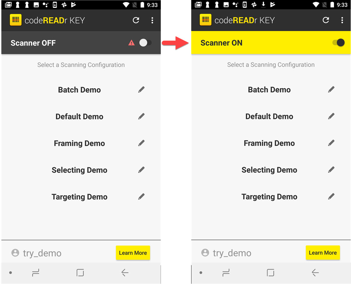 android scanner on scanner on to off