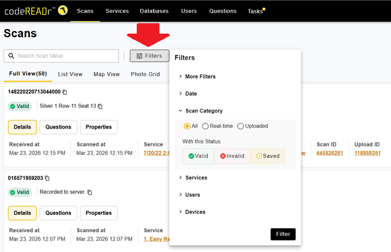 CodeREADr Scans Page