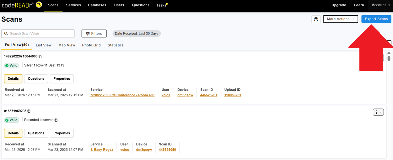 CodeREADr Scans Page Export
