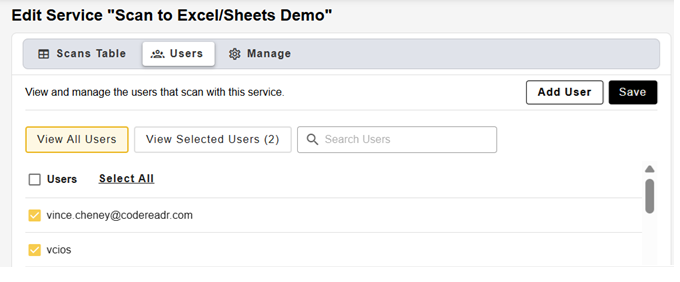 Scan to sheets Users Tab
