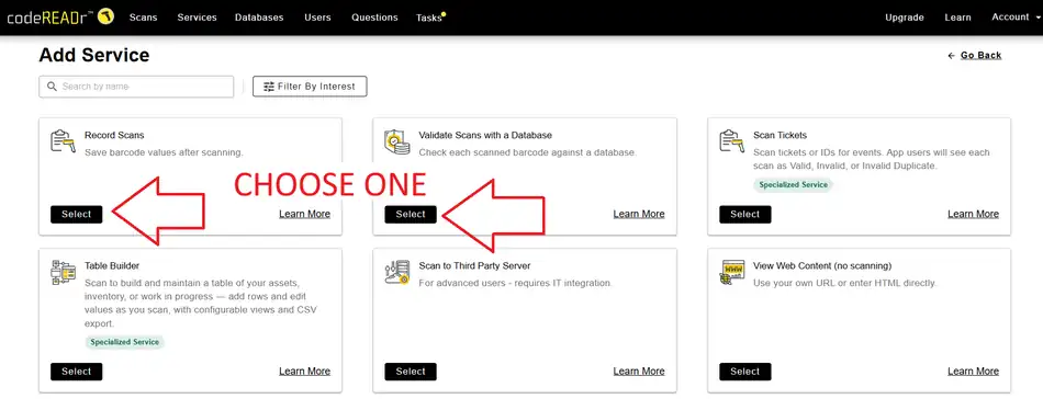 CodeREADr Add Service: Record or Validate CodeREADr Add Service page with Record Scans and Validate Scans with a Database highlighted