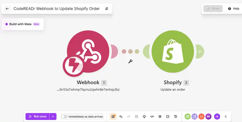 Make scenario: CodeREADr webhook to Shopify Update an order Make scenario with a Webhook trigger connected to the Shopify Update an order action
