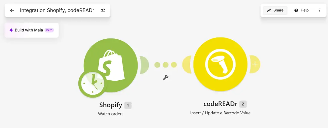 Make scenario: Shopify Watch orders to CodeREADr Make scenario with the Shopify Watch orders trigger connected to the codeREADr Insert / Update a Barcode Value action