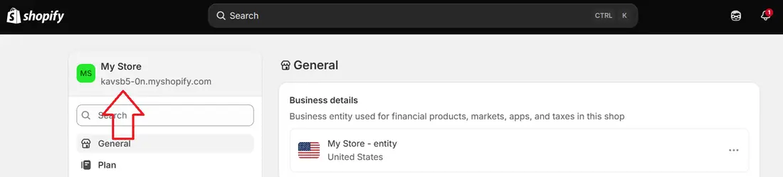 Shopify admin store domain Shopify admin Settings, General page with the store's myshopify.com domain shown under the store name